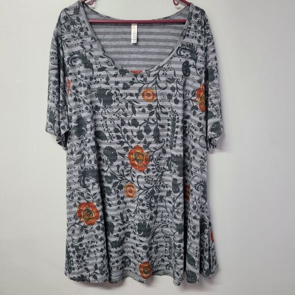 Lularoe Shirt Top Womens Plus 3XL Gray Stripes Flowers Roses Tunic Comfortable - Picture 1 of 7